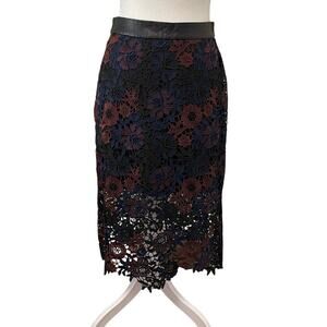 Topshop lace pencil midi skirt. Black blue burgundy. Faux leather waist. Sz 4P